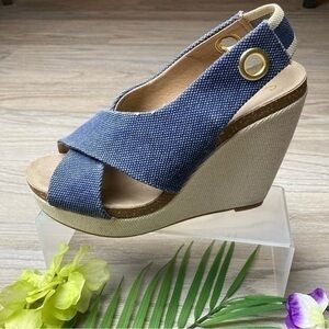 💋Splendid Peep Toe Wedge Heels Size 7 Blue Natural Sling Back Espadrilles